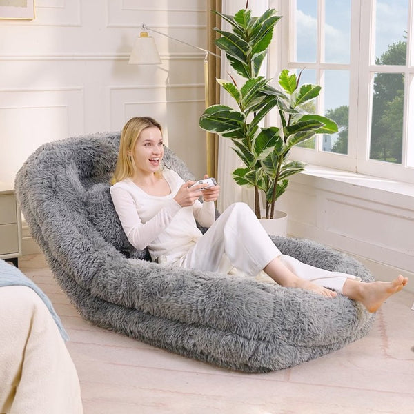 English Elm [new Arrived] Faux Fur Convertible Floor Lounger Plush Gaming Sofa Bed for Living Room Light Gray W1628P387374