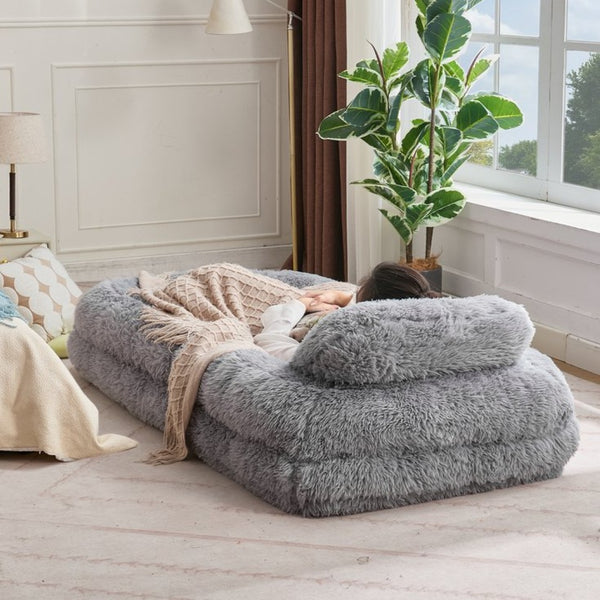 English Elm [new Arrived] Faux Fur Convertible Floor Lounger Plush Gaming Sofa Bed for Living Room Light Gray W1628P387374