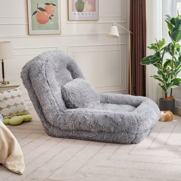 English Elm [new Arrived] Faux Fur Convertible Floor Lounger Plush Gaming Sofa Bed for Living Room Light Gray W1628P387374