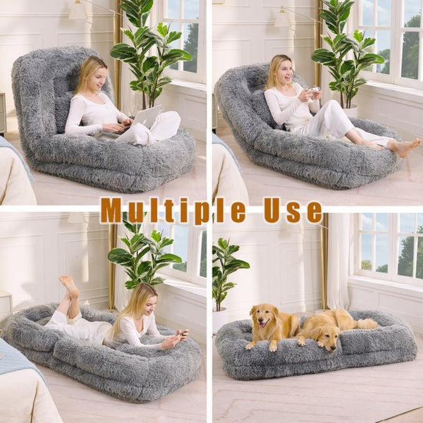 English Elm [new Arrived] Faux Fur Convertible Floor Lounger Plush Gaming Sofa Bed for Living Room Light Gray W1628P387374