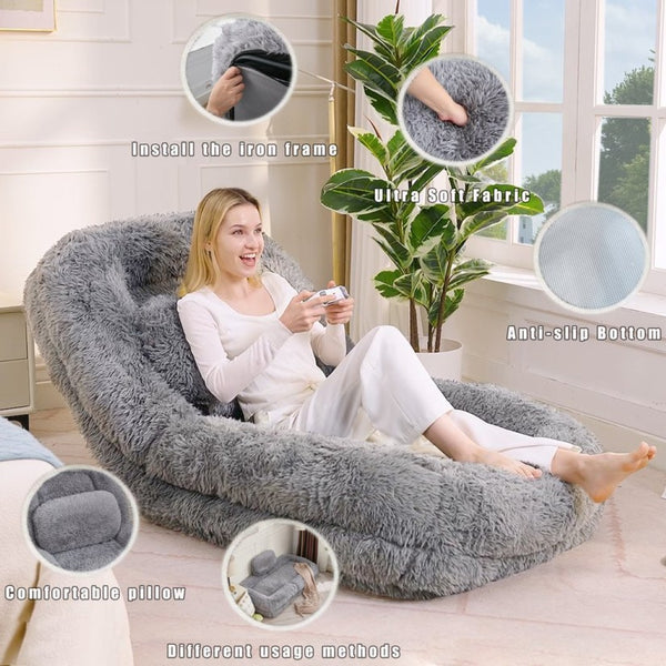English Elm [new Arrived] Faux Fur Convertible Floor Lounger Plush Gaming Sofa Bed for Living Room Light Gray W1628P387374