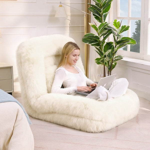English Elm [new Arrived] Faux Fur Convertible Floor Lounger Plush Gaming Sofa Bed for Living Room Beige W1628P387376