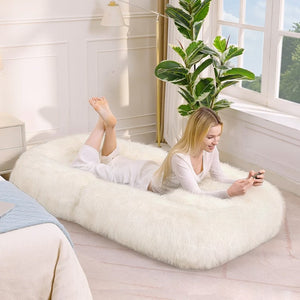 English Elm [new Arrived] Faux Fur Convertible Floor Lounger Plush Gaming Sofa Bed for Living Room Beige W1628P387376