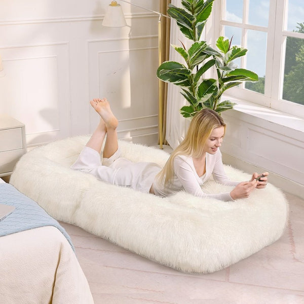 English Elm [new Arrived] Faux Fur Convertible Floor Lounger Plush Gaming Sofa Bed for Living Room Beige W1628P387376