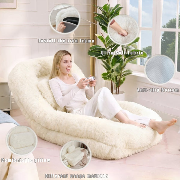 English Elm [new Arrived] Faux Fur Convertible Floor Lounger Plush Gaming Sofa Bed for Living Room Beige W1628P387376