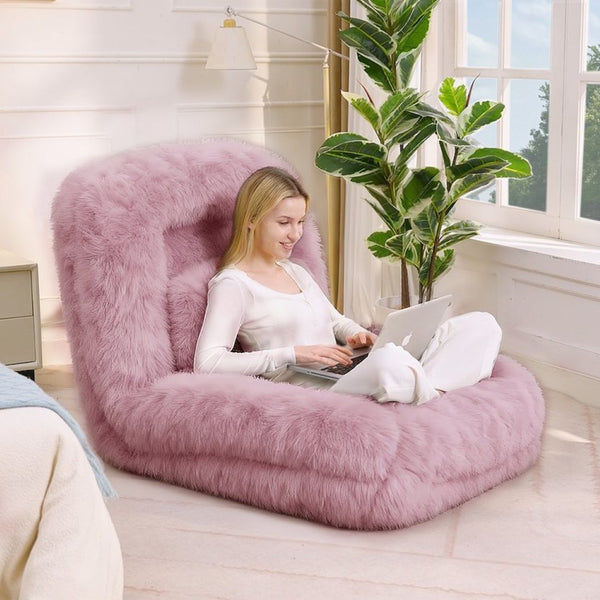 English Elm [new Arrived] Faux Fur Convertible Floor Lounger Plush Gaming Sofa Bed for Living Room Pink W1628P387377