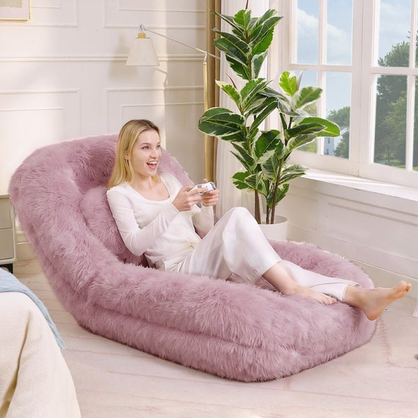 English Elm [new Arrived] Faux Fur Convertible Floor Lounger Plush Gaming Sofa Bed for Living Room Pink W1628P387377