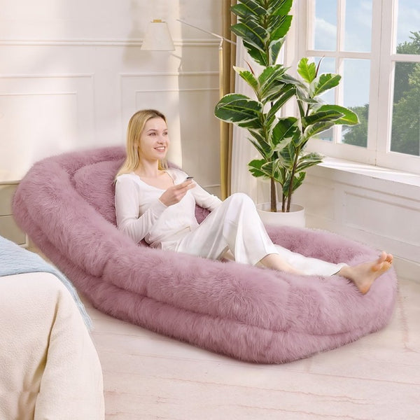English Elm [new Arrived] Faux Fur Convertible Floor Lounger Plush Gaming Sofa Bed for Living Room Pink W1628P387377