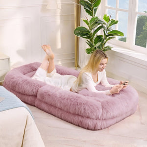 English Elm [new Arrived] Faux Fur Convertible Floor Lounger Plush Gaming Sofa Bed for Living Room Pink W1628P387377