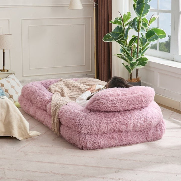 English Elm [new Arrived] Faux Fur Convertible Floor Lounger Plush Gaming Sofa Bed for Living Room Pink W1628P387377