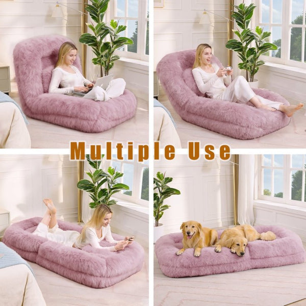 English Elm [new Arrived] Faux Fur Convertible Floor Lounger Plush Gaming Sofa Bed for Living Room Pink W1628P387377