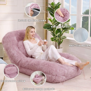 English Elm [new Arrived] Faux Fur Convertible Floor Lounger Plush Gaming Sofa Bed for Living Room Pink W1628P387377