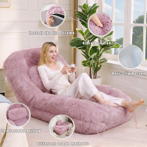 English Elm [new Arrived] Faux Fur Convertible Floor Lounger Plush Gaming Sofa Bed for Living Room Pink W1628P387377