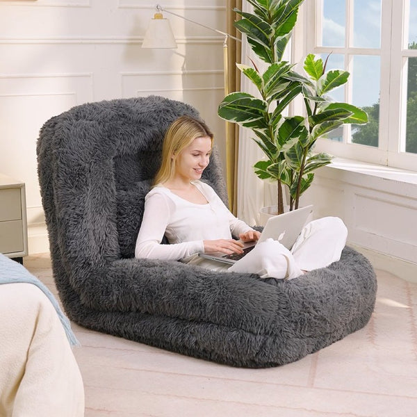 English Elm [new Arrived] Faux Fur Convertible Floor Lounger Plush Gaming Sofa Bed for Living Room Dark Gray W1628P387378