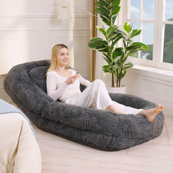English Elm [new Arrived] Faux Fur Convertible Floor Lounger Plush Gaming Sofa Bed for Living Room Dark Gray W1628P387378