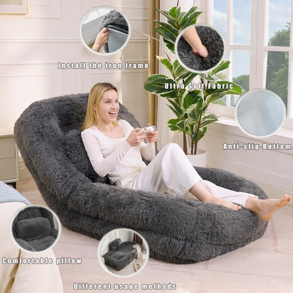English Elm [new Arrived] Faux Fur Convertible Floor Lounger Plush Gaming Sofa Bed for Living Room Dark Gray W1628P387378