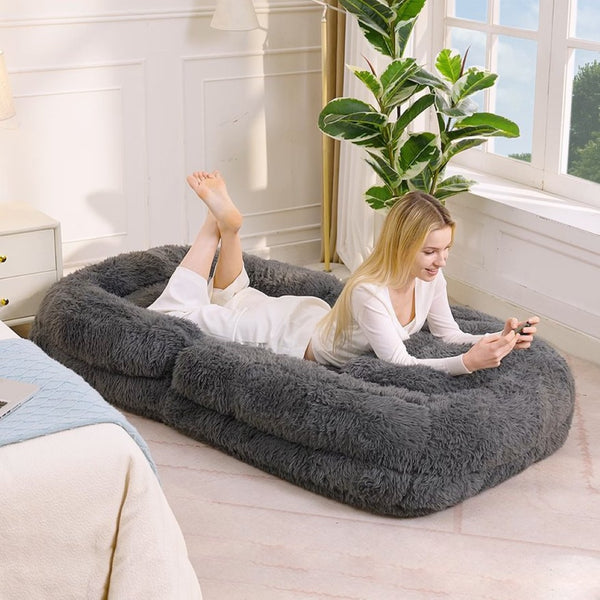 English Elm [new Arrived] Faux Fur Convertible Floor Lounger Plush Gaming Sofa Bed for Living Room Dark Gray W1628P387378