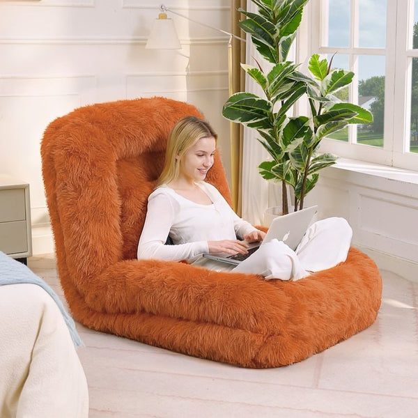 English Elm [new Arrived] Faux Fur Convertible Floor Lounger Plush Gaming Sofa Bed for Living Room Orange W1628P387379