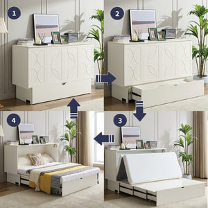 English Elm New Queen Murphy Cabinet Bed with Foam Mattress Storage Drawer and Built-In USB Charging W1628S00010