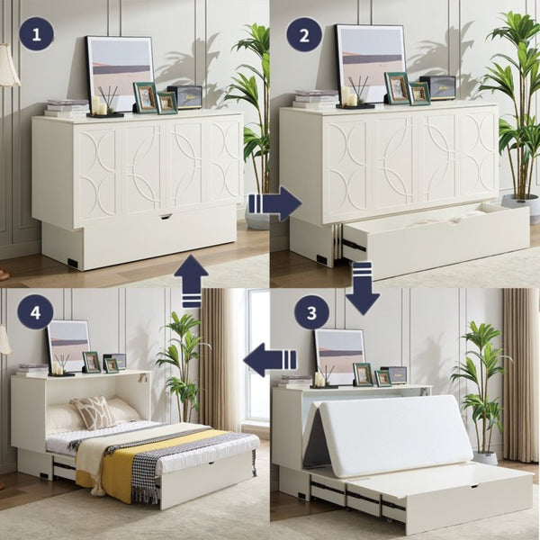English Elm New Queen Murphy Cabinet Bed with Foam Mattress Storage Drawer and Built-In USB Charging W1628S00010