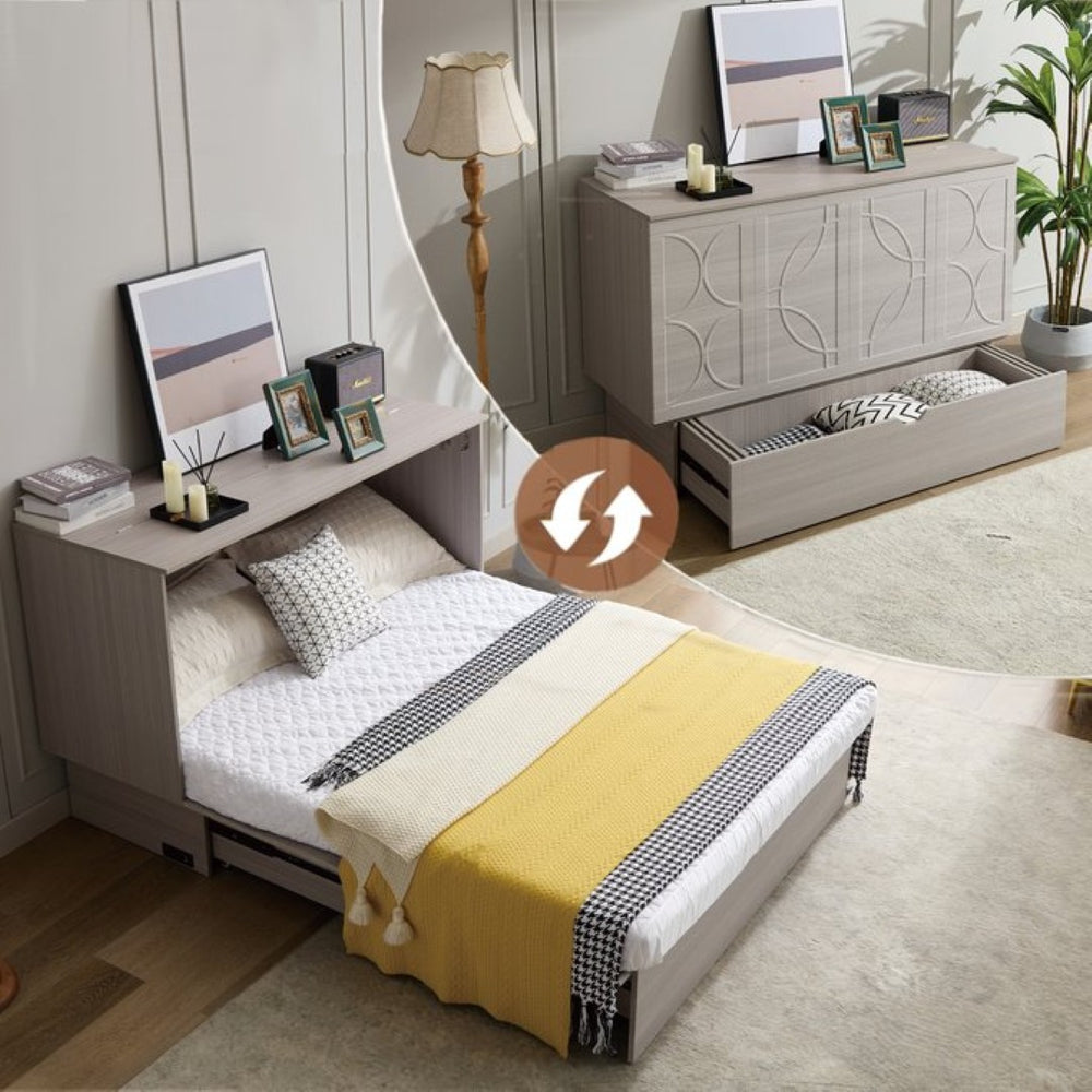 English Elm New Queen Murphy Cabinet Bed with Folding Mattress Oversized Drawer and USB Charging W1628S00011