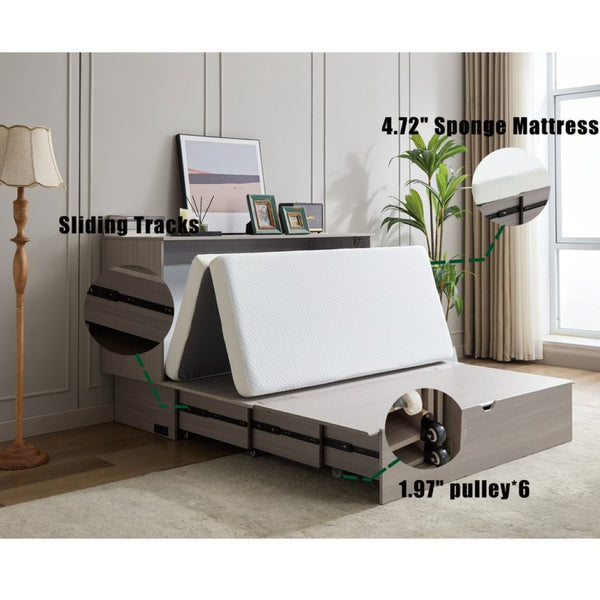 English Elm New Queen Murphy Cabinet Bed with Folding Mattress Oversized Drawer and USB Charging W1628S00011