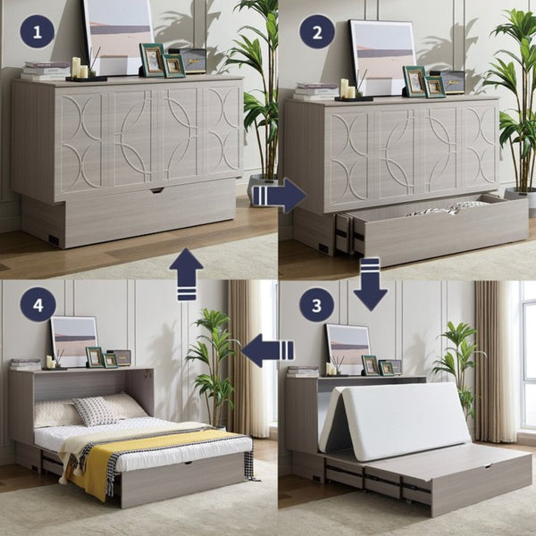 English Elm New Queen Murphy Cabinet Bed with Folding Mattress Oversized Drawer and USB Charging W1628S00011