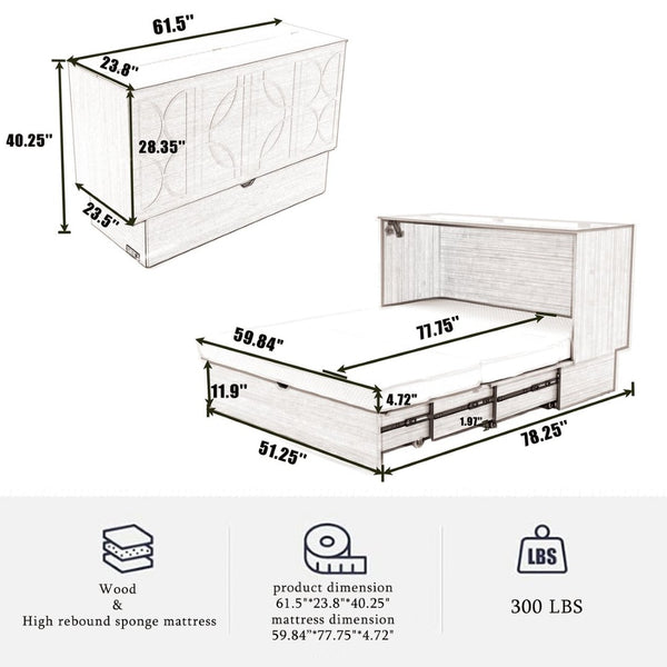 English Elm New Queen Murphy Cabinet Bed with Folding Mattress Oversized Drawer and USB Charging W1628S00011
