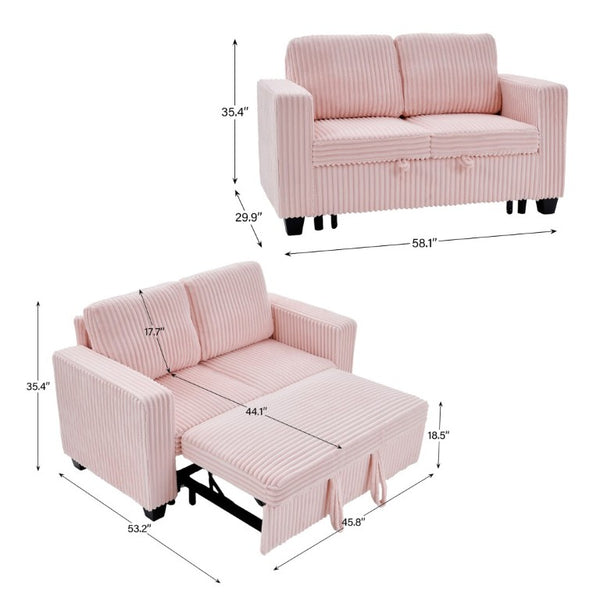 English Elm 58.1 Inch Pink Corduroy Modular Sleeper Sofa Convertible Loveseat for Studios W1658P444296