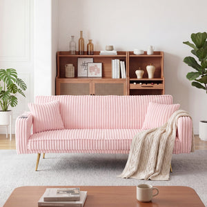 English Elm 74.01 Inch Corduroy Sleeper Sofa with Adjustable Backrest and Accent Pillows for Living Rooms Pink W1658P500246