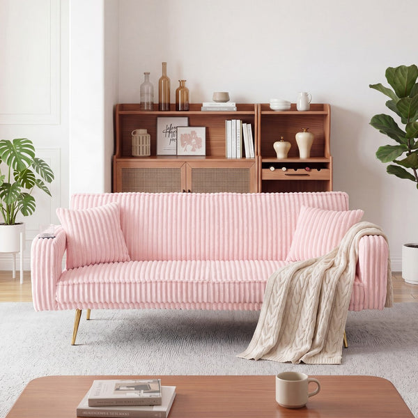 English Elm 74.01 Inch Corduroy Sleeper Sofa with Adjustable Backrest and Accent Pillows for Living Rooms Pink W1658P500246