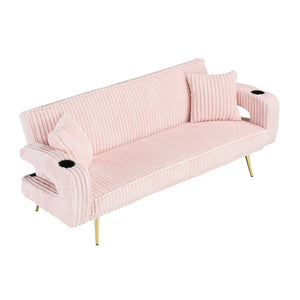 English Elm 74.01 Inch Corduroy Sleeper Sofa with Adjustable Backrest and Accent Pillows for Living Rooms Pink W1658P500246