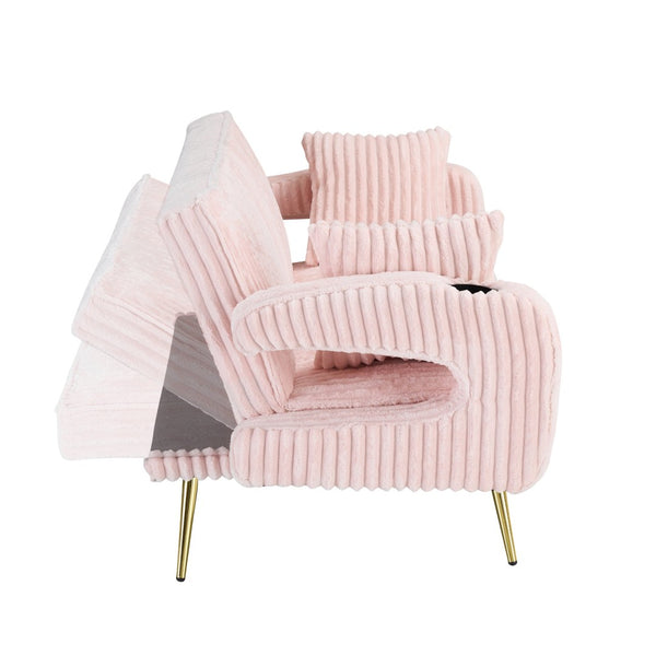English Elm 74.01 Inch Corduroy Sleeper Sofa with Adjustable Backrest and Accent Pillows for Living Rooms Pink W1658P500246