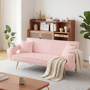 English Elm 74.01 Inch Corduroy Sleeper Sofa with Adjustable Backrest and Accent Pillows for Living Rooms Pink W1658P500246