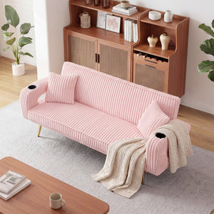 English Elm 74.01 Inch Corduroy Sleeper Sofa with Adjustable Backrest and Accent Pillows for Living Rooms Pink W1658P500246