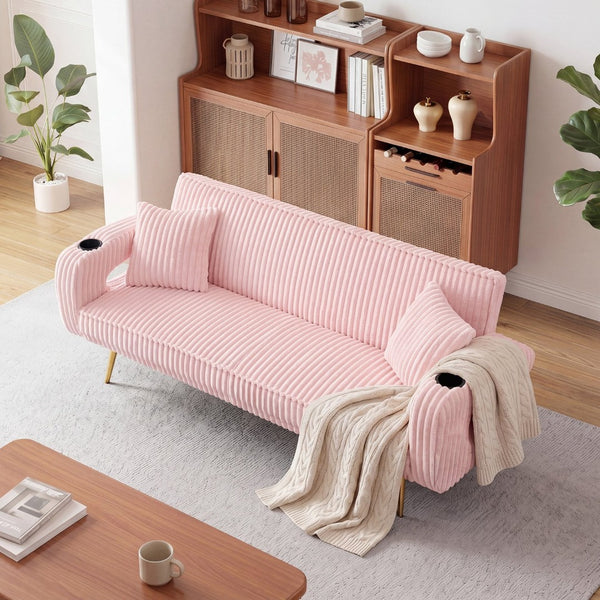 English Elm 74.01 Inch Corduroy Sleeper Sofa with Adjustable Backrest and Accent Pillows for Living Rooms Pink W1658P500246