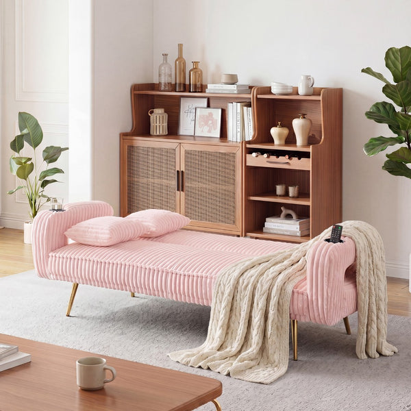 English Elm 74.01 Inch Corduroy Sleeper Sofa with Adjustable Backrest and Accent Pillows for Living Rooms Pink W1658P500246