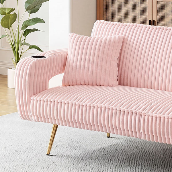 English Elm 74.01 Inch Corduroy Sleeper Sofa with Adjustable Backrest and Accent Pillows for Living Rooms Pink W1658P500246