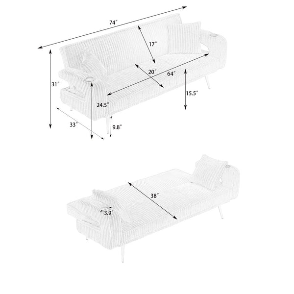 English Elm 74.01 Inch Corduroy Sleeper Sofa with Adjustable Backrest and Accent Pillows for Living Rooms Pink W1658P500246