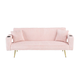 English Elm 74.01 Inch Corduroy Sleeper Sofa with Adjustable Backrest and Accent Pillows for Living Rooms Pink W1658P500246