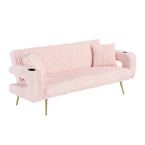English Elm 74.01 Inch Corduroy Sleeper Sofa with Adjustable Backrest and Accent Pillows for Living Rooms Pink W1658P500246
