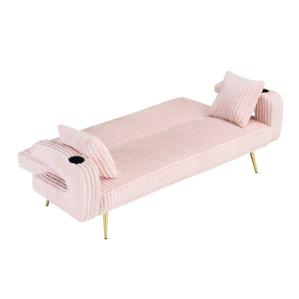 English Elm 74.01 Inch Corduroy Sleeper Sofa with Adjustable Backrest and Accent Pillows for Living Rooms Pink W1658P500246