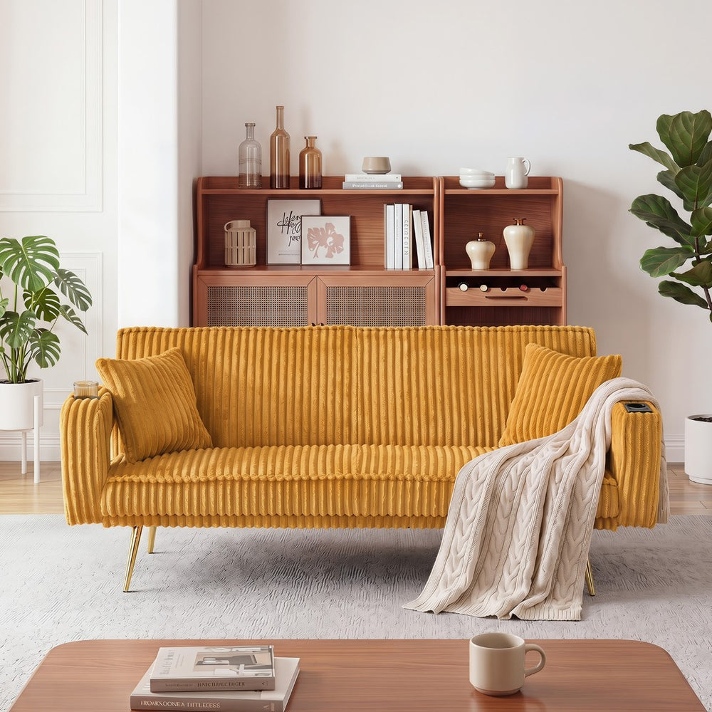 English Elm 74.01 Inch Corduroy Sleeper Sofa with Adjustable Backrest and Accent Pillows for Living Rooms Orange W1658P500251