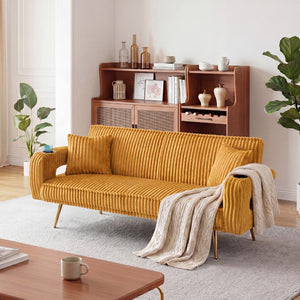 English Elm 74.01 Inch Corduroy Sleeper Sofa with Adjustable Backrest and Accent Pillows for Living Rooms Orange W1658P500251