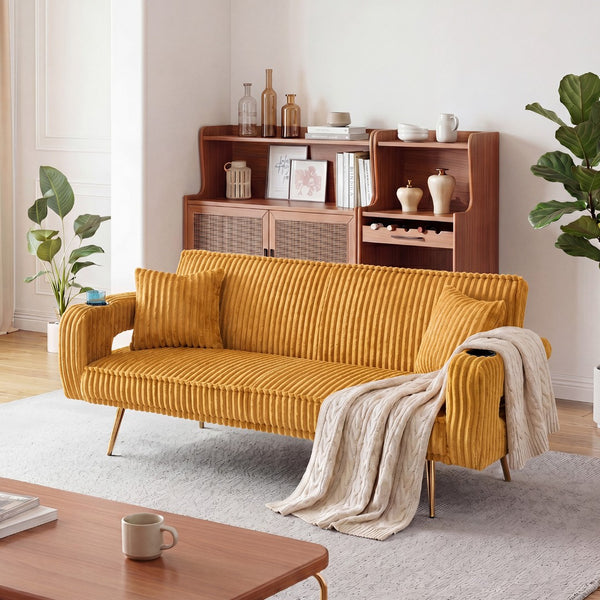 English Elm 74.01 Inch Corduroy Sleeper Sofa with Adjustable Backrest and Accent Pillows for Living Rooms Orange W1658P500251