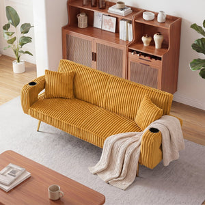 English Elm 74.01 Inch Corduroy Sleeper Sofa with Adjustable Backrest and Accent Pillows for Living Rooms Orange W1658P500251