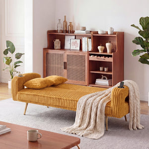 English Elm 74.01 Inch Corduroy Sleeper Sofa with Adjustable Backrest and Accent Pillows for Living Rooms Orange W1658P500251