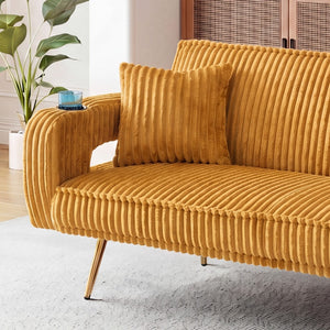 English Elm 74.01 Inch Corduroy Sleeper Sofa with Adjustable Backrest and Accent Pillows for Living Rooms Orange W1658P500251