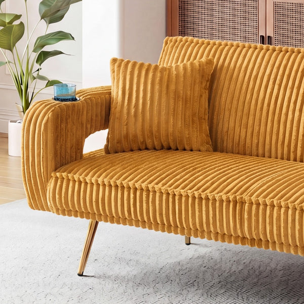 English Elm 74.01 Inch Corduroy Sleeper Sofa with Adjustable Backrest and Accent Pillows for Living Rooms Orange W1658P500251