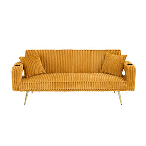 English Elm 74.01 Inch Corduroy Sleeper Sofa with Adjustable Backrest and Accent Pillows for Living Rooms Orange W1658P500251